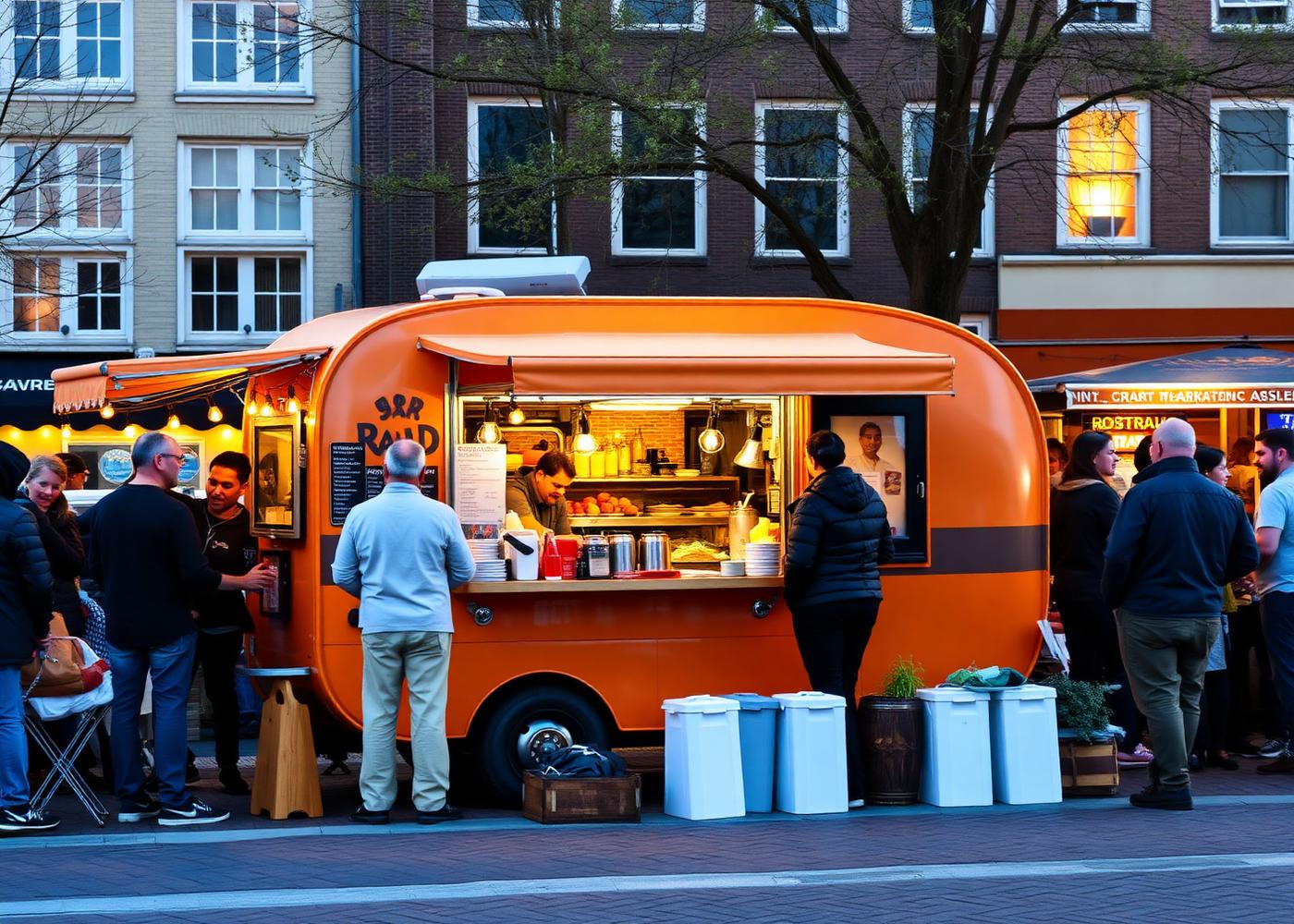 A warm orange food trailer at an Amsterdam market