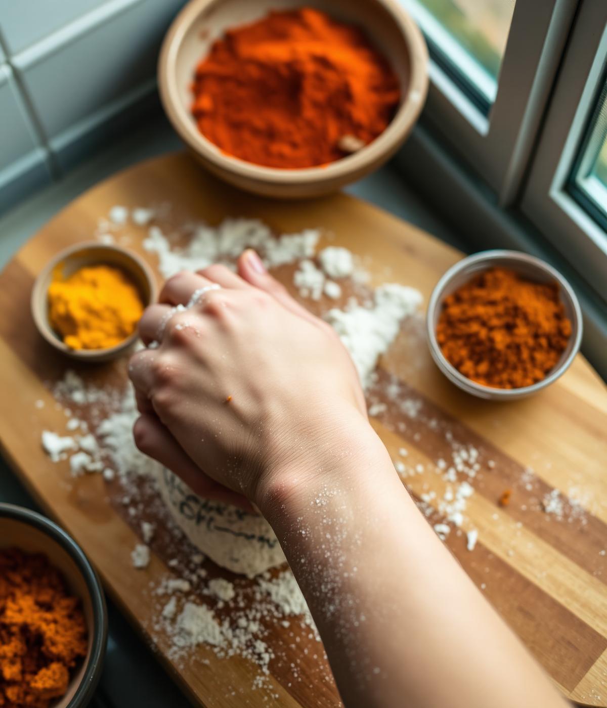 Hands kneading dough beside bowls of bright spices